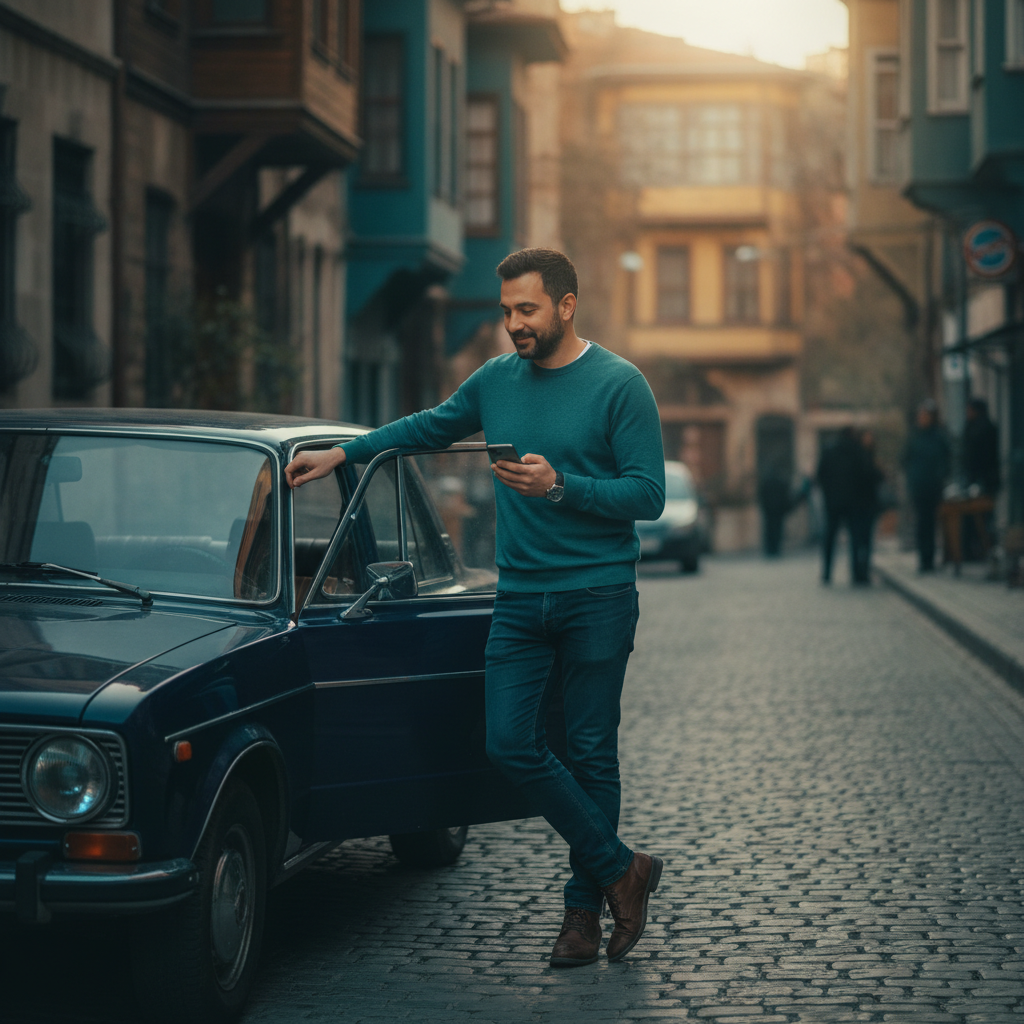 Bir sürücünün trafik sigortalı aracının yanında telefonuna baktığı sokak sahnesi